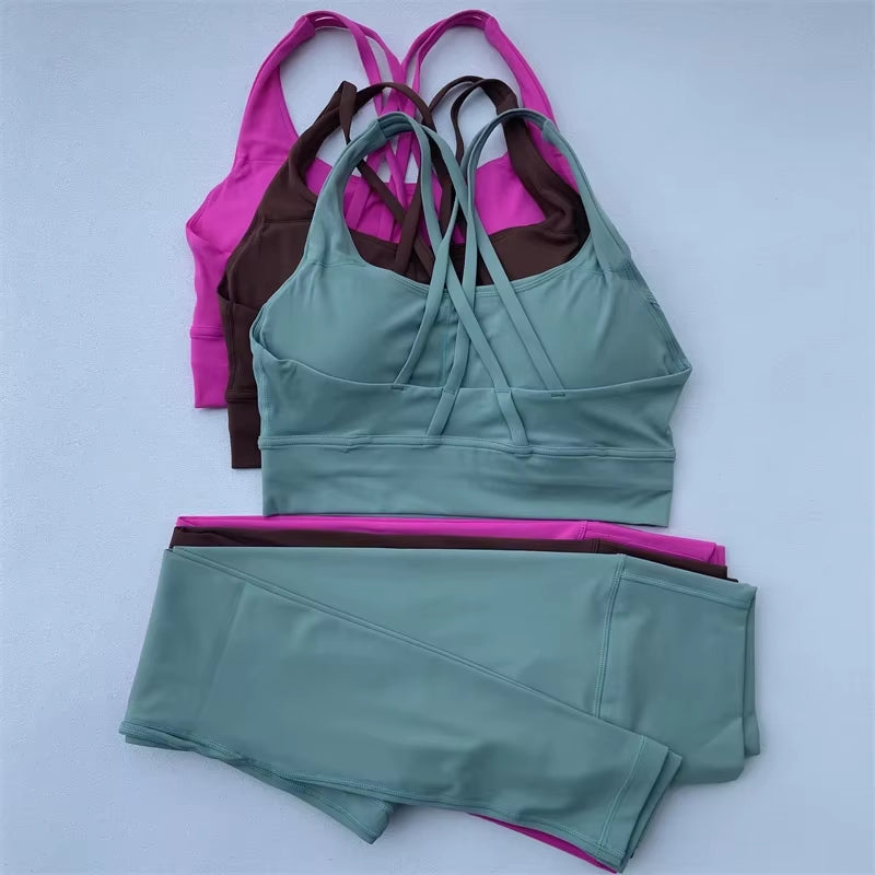 Solid Color Gym Fitness Set Tight Soft Cross Fitness Bra 2Pc Compression High Waist Yoga Legging Suit Comprehensive Training Jog