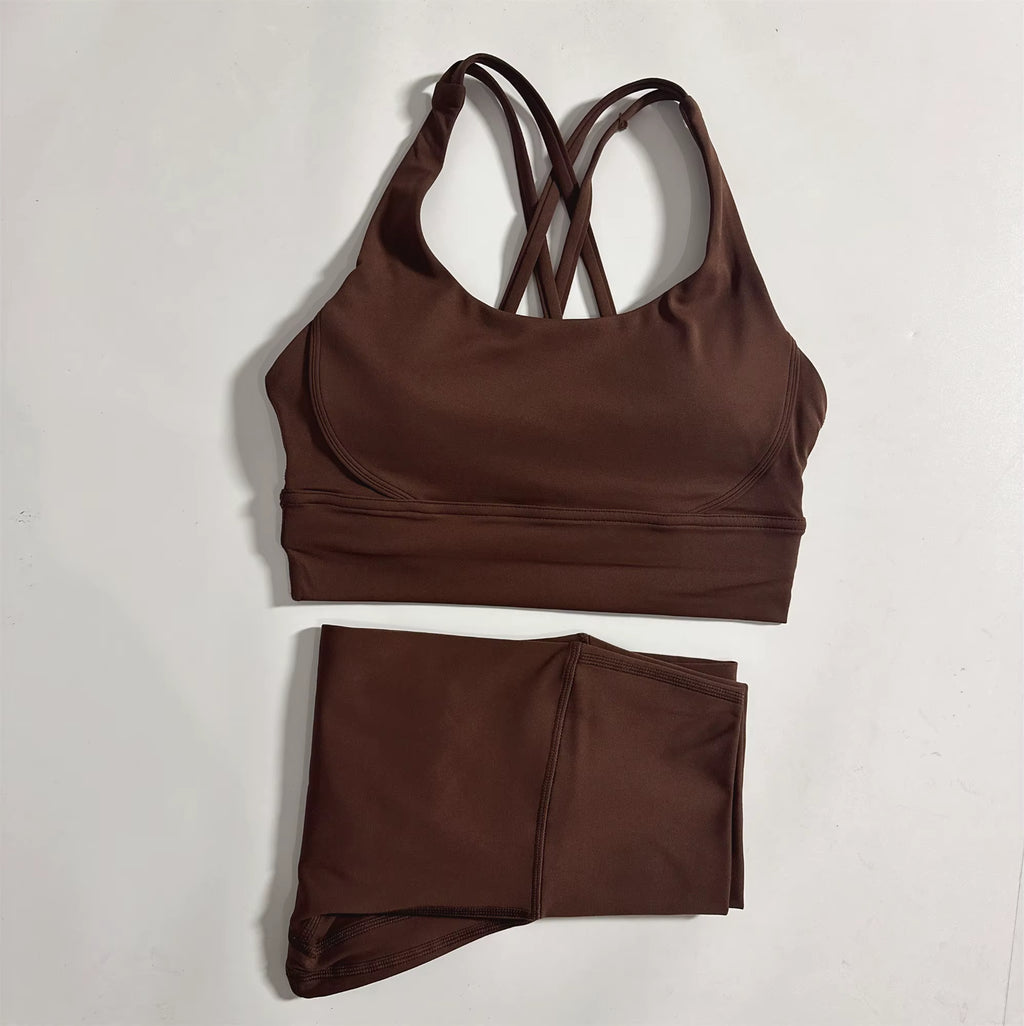 Solid Color Gym Fitness Set Tight Soft Cross Fitness Bra 2Pc Compression High Waist Yoga Legging Suit Comprehensive Training Jog