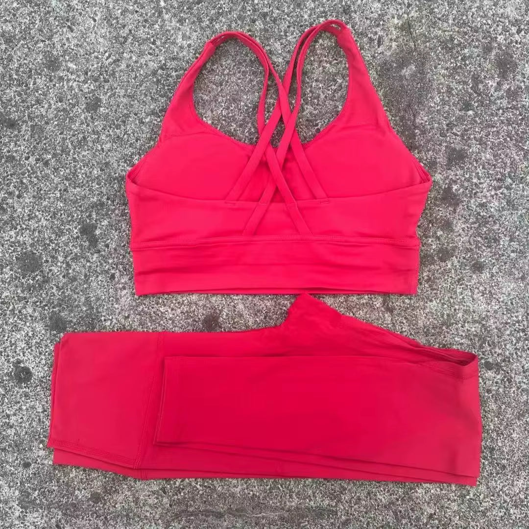 Solid Color Gym Fitness Set Tight Soft Cross Fitness Bra 2Pc Compression High Waist Yoga Legging Suit Comprehensive Training Jog