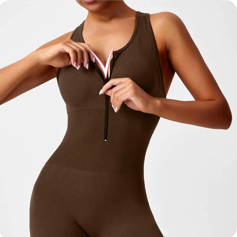 Seamless Peach Booty One-Piece Yoga Bodysuit - V-Back Tummy Control Gym Outfit for Women - Sexy Workout Jumpsuit Fitness Bodycon